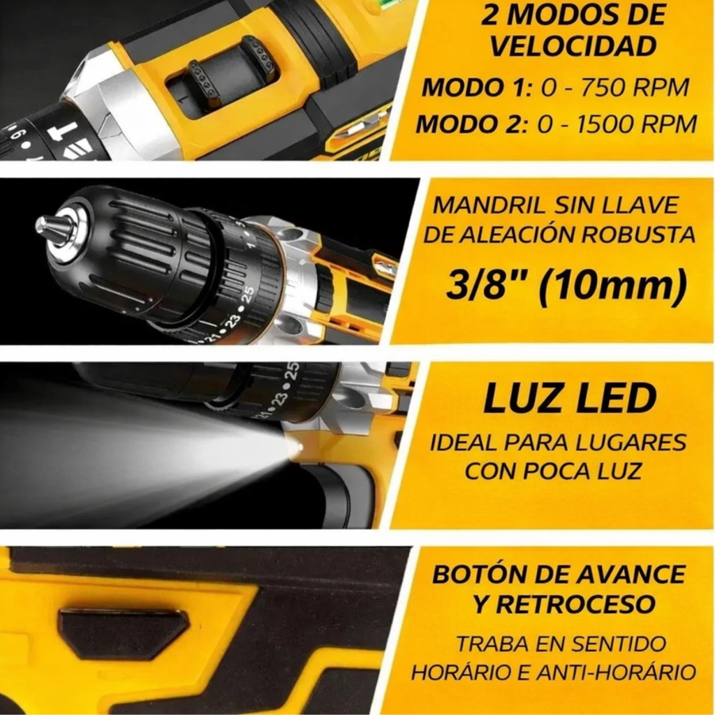 Kit de Taladro y Atornillador Inalámbrico MaxPro 48V Completo +REGALO: Maletín de Accesorios y 2 Baterías